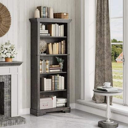 5-Tier Farmhouse Bookshelf, 61.1 inch Tall Bookcase with Storage & Unique Design & One Adjustable Shelf, Wooden Bookshelf for Study Room, Living Room, Home Office, Bedroom (Black) - color: Black
