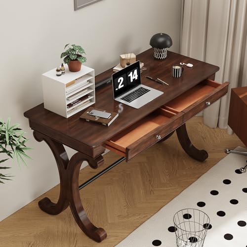 Farmhouse Oak Laptop Desk, Home Office Desks with 2 Storage Drawers, 47.2" Large Work Desk with Curved Legs, Secretary Desk for Home Office, Easy Assembly Vanity Desk, Study Table Station SSZD0036 - size: 47.2"
