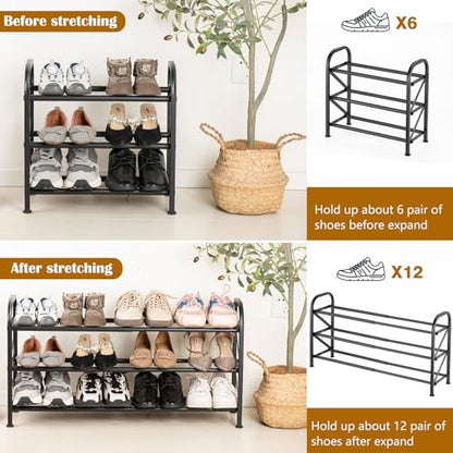 3-Tier Expandable Shoe Rack for Closet，Adjustable Shoe Rack，Black Metal Free Standing Shoe Rack for Entryway Closet Doorway - color: 3 Layers and 2 Tubes