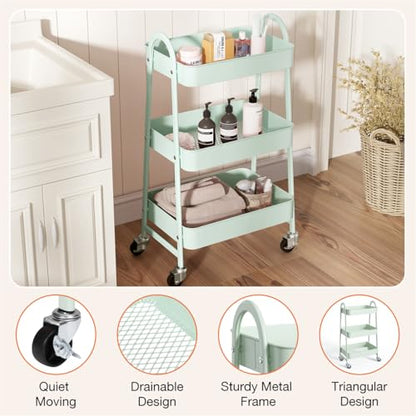 3-Tier Metal Rolling Utility Cart, Small Rolling Cart Kitchen Trolley Bathroom Laundry Room Bar Office Shelves Storage Organizer Shelving Unit with Caster Wheels for Narrow Places, Green - color: Green