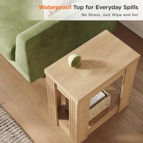 Maupvit Narrow Wood End Table for Living Room, 2-Tier Small Slim Side Table with Storage Shelf, Modern Fluted Nightstand for Bedside, Small Spaces, Living Room, Bedroom, Oak, Set of 2 - color: Oak