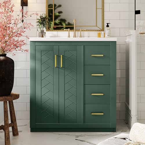 30 Inch Green Bathroom Vanity with Sink & Gold Handles,Light Luxury | with Herringbone Pattern Soft Closing Doors,3 Right Drawers,Ceramic Countertop,Solid Wood Frame,Floor-Standing with Toe-Kick - color: Green, size: 30 Inch(Right Drawers)
