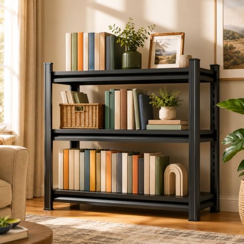 Modern Metal Book Shelf, Heavy Duty Black Bookshelf, Bolt-Free Deep Bookcase for CDs Movies Garage Kit, Adjustable Bookshelf in Living Room, Bedroom, Kitchen, Office, 32" W x14 D x32 H - size: 3-Tier 32"W x14"D x32"H