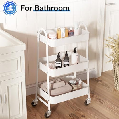DUMOS 3 Tiers Metal Rolling Utility Cart with Lockable Wheels, Mobile Storage Organizer, Utility Shelving Unit for Kitchen, Office, Bathroom, Laundry, Narrow Places, White - color: 3 Tiers White