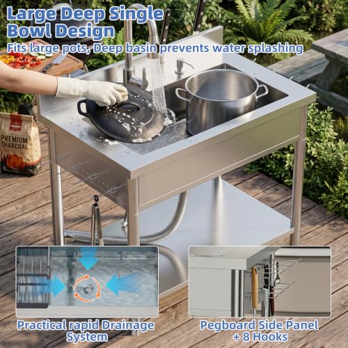 Stainless Steel Utility Sink, 38.4" Single Bowl Freestanding Laundry Sink with 360° Hot & Cold Water Faucet, Hoses & Drain Kit, Outdoor/Indoor Commercial Sink for Kitchens, Garage, Laundry Room - size: 38.4" x 22.6" x 35"