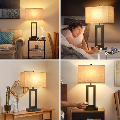TOBUSA 28’’ Tall Brown Lamps for Living Rooms Set of 2, Modern Touch Control Table Lamps for Bedroom, 3 Way Dimmable Bedside Lamps with 2 USB Ports&AC Outlet, High-end Decor Lamp for Home Office | 3 Way Dimmable, Touch Control, Fabric Cream Shade, Large D