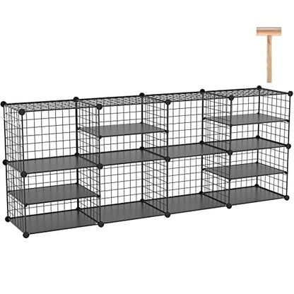 C&AHOME Wire Cube Storage Unit, Interlocking Metal Wire Organizer with Divider Design, Modular Cabinet with Plastic Panels, Bookshelf Stackable Closet Organizer with Small Hooks, Black UWCSIM08B - color: Black