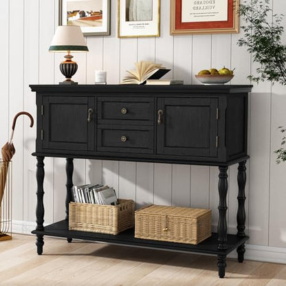 ARTPOWER Console Table with 2 Drawers, Retro Entryway Table with 2 Door Cabinets and Open Storage Shelf, Narrow Long Behind Couch Sofa Table for Living Room, Foyer, Hallway, Black - color: Black