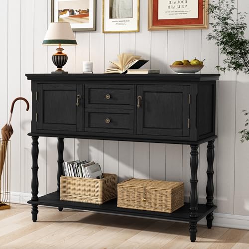 ARTPOWER Console Table with 2 Drawers, Retro Entryway Table with 2 Door | Solid Wood Veneer Entry Table, Behind Couch Sofa Table with Open Storage Shelf for Living Room, Foyer, Hallway - color: Black