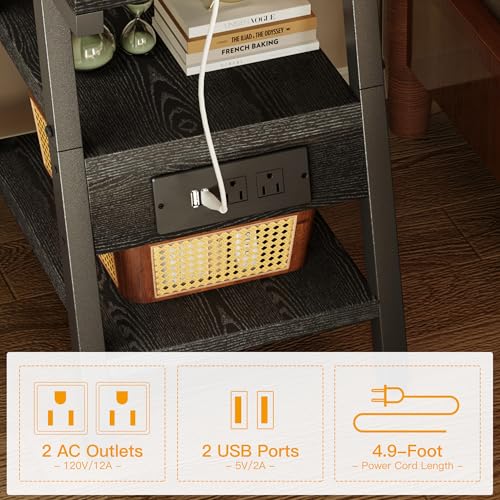 Side Table with Charging Station,3-Tier Small End Table,Lucky 7 Metal Shape | 2 AC Outlets + 2 USB Ports, Adjustable Feet, Nightstand for Bedroom, Living Room, Couch, Narrow Spaces, Black - color: Black