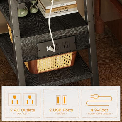 Side Table with Charging Station,3-Tier Small End Table,Lucky 7 Metal Shape | 2 AC Outlets + 2 USB Ports, Adjustable Feet, Nightstand for Bedroom, Living Room, Couch, Narrow Spaces, Black - color: Black