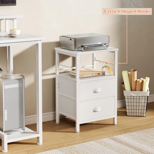 Furologee Nightstand Bedside Table with 2 Fabric Drawers, White Side Table with 2-Tier Shelf, Night Stand with Hooks, for Bedroom, Living Room, Backboard Design, Wooden Top, Metal Frame, White - color: White, style: 1pc