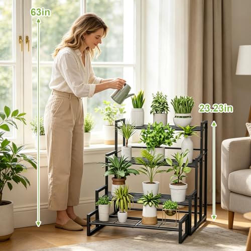 VyGrow Plant Stand, 4 Tier Widened Stackable Tiered Plant Stand, Upgraded Scalable Heavy Duty Tall Plant Shelf for Indoor Outdoor, Garden, Display Shelves, Flower Pot Holder, Black - color: Black 9.84"W
