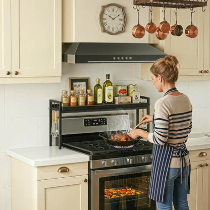 31 Inch Over the Stove Spice Rack, Adjustable 3-Tier Stove Top Shelf Equipped with 6 Utility Hooks to Organize Spices & Kitchen Gadgets (Black) - color: Black