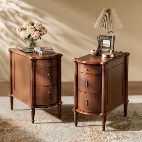 STO'SENSE Nightstand Set of 2 w/Charging Station & 3 Drawers, Pre-Assembled, Vintage Side Table w/Antique-Finished Pulls, Rustic Wood Finish, Narrow End Table w/Turned Legs for Bedroom, Brown - color: Brown