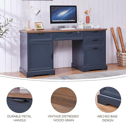 60" Farmhouse Executive Desk with Lock,Home Office Desk with Charging Station,Executive Desk with 4 Drawers & 1 Cabinet&1 File Cabinet for Office and Home - color: Blue