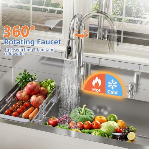 Stainless Steel Utility Sink, 29.5" Single Bowl Freestanding Laundry Sink with 360° Hot & Cold Water Faucet, Hoses & Drain Kit, Outdoor/Indoor Commercial Sink for Kitchens, Garage, Laundry Room - size: 29.54" x 19.7" x 35.2"