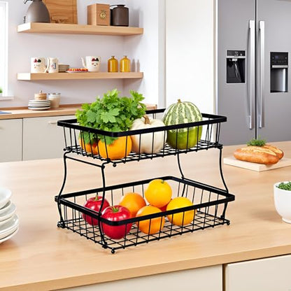 HOSY 2-Tier Metal Fruit Basket, 14-in Rectangle Black Standing Storage Rack | All-Metal, Removable Design, Tool-Free Assembly, Versatile Kitchen Countertop Organizer, Vegetables, Breads, Seasonings - size: 14-inch