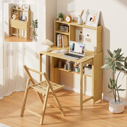 Bamboo Folding Desk with Bookshelf, Compact Computer Desk with Hutch for Small Spaces, Foldable Desk with Storage Shelf, Space-Saving Home Office Desk for Bedroom, Dorm, Apartment,Natural - color: Natural, size: 31.1"W × 21.46"D × 47.92"H