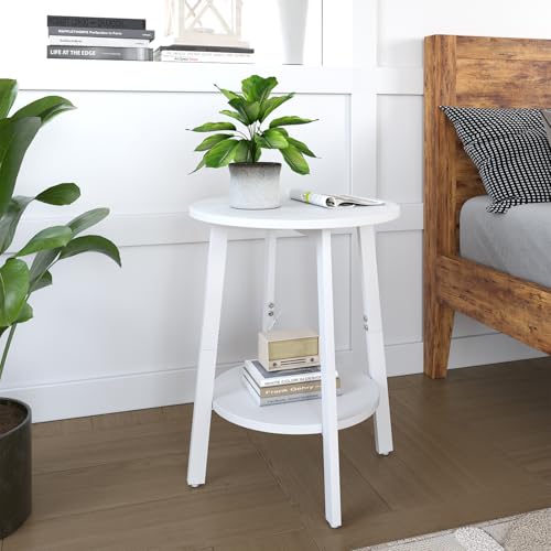 sthmec Side Table, Small Round End Table with Storage Shelf for Small Space, 2-Tier Bedside Table Sofa Couch Table, Round Accent Table Nighstands for Living Room, Bedroom,White - color: White