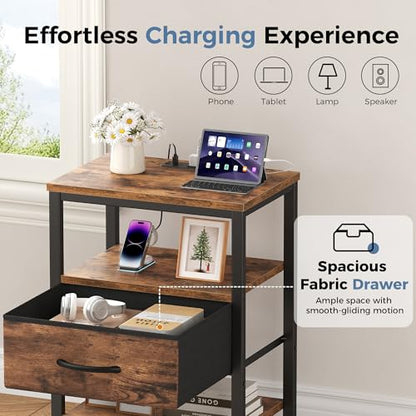 DUMOS Nightstand with Charging Station, Bedside Table with 1 USB-A, 1 USB-C & 2 AC Outlets, Fabric Drawer with Adjustable Open Shelf, Compact End Table for Bedroom, Rustic Brown - color: Rustic Brown, size: 15.7"Dx11.8"Wx23.4"H(1 Drawer, 1 Pack)