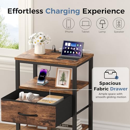 DUMOS Nightstands Set of 2 with Charging Station, Bedside Table with 1 USB-A, 1 USB-C & 2 AC Outlets, Fabric Drawer with Adjustable Open Shelf, Compact End Table for Bedroom, Rustic Brown - color: Rustic Brown, size: 15.7"Dx11.8"Wx23.4"H(1 Drawer, 2 Pack)