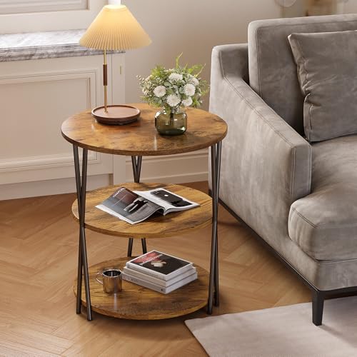23 Inch Round Side Table 3-Tier End Table Living Room Small Patio Table Nightstands Round Coffee Table Spacious Top for Couch Bedroom 3 Storage Shelves Accent Coffee Table, Rustic Brown - color: Rustic Brown