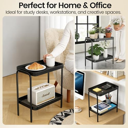 2-in-1 Narrow Side Table with Storage Shelves, Compact 2-Tier Small & Skinny End Table for Small Spaces, Space-Saving Slim Nightstand for Bedroom, Living Room, Office, Modern Bedside Table