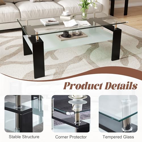 2-Tier Coffee Table with Tempered Glass Top and MDF Frame, Modern Black Rectangular Glass Center Table for Living Room, Apartment, Office, Easy to Assemble - color: Black, size: Coffee Table