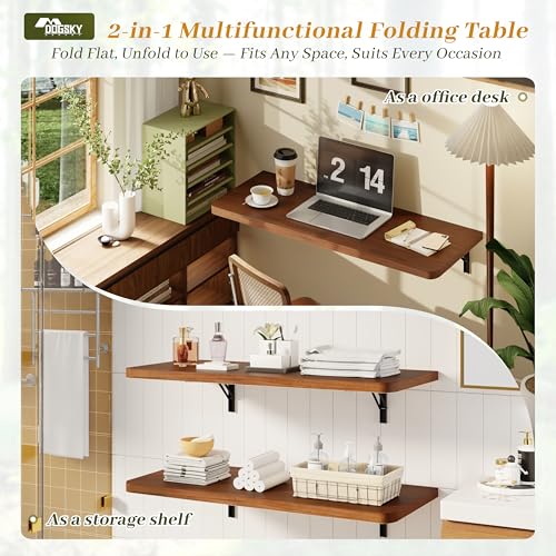 Dogsky 36" x 14" Floating Wall Desk, Fold Down Wall Table - 200 lbs Heavy Duty Solid Pine Wall Mount Folding Desk for Home Office, Laundry Room, Kitchen & Small Apartment, Walnut - color: Walnut, size: 36'' x 13.7'' x 6.3''