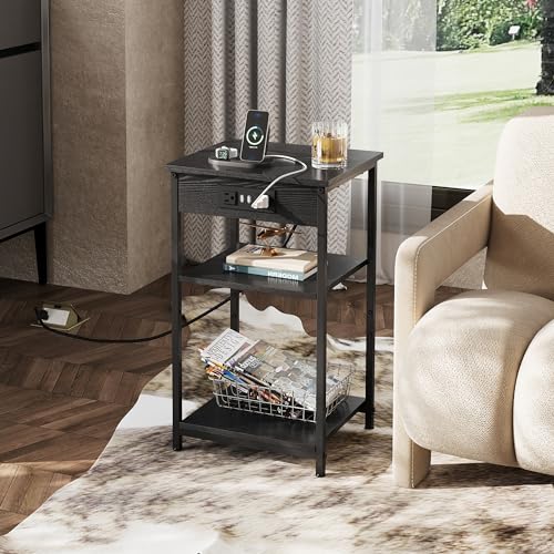 WLIVE Black End Table with Charging Station, Slim Night Stand with 3 Storage Shelves, Small Side Tables for Small Spaces, Bedside Tables for Living Room, Bedroom | Side Tables with Storage Adjustable Shelf for Small Spaces; Bedside Tables for Living Room,