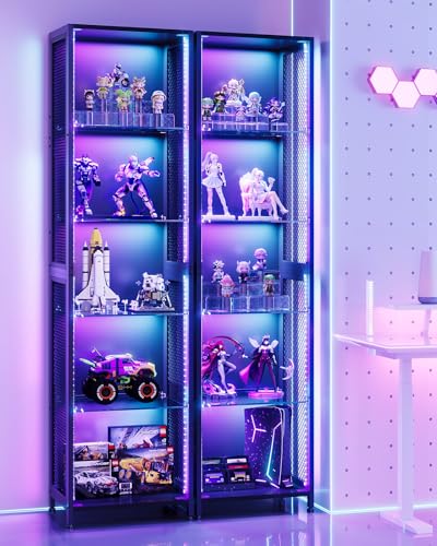 AODK 72" Tall Display Case with LED Lights, Corner Display Cabinet with Open Glass Shelves, 5-Tier Display Shelf with Industrial Mesh Sides, Curio Cabinet Shelf for Collectibles - size: 72 Inch