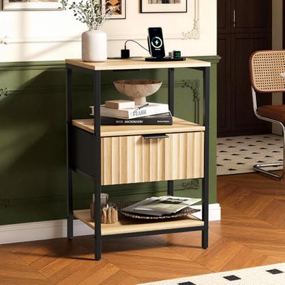 VINGLI Nightstands Set of 2 with Fabric Drawer, Fluted Nightstand with Charging Station, Oak Night Stand Set 2 Bed Side Tables, End Tales Bedroom with Charger Station, 14.96"W*11.81"D*23.7"H, 2 pcs - color: Oak, size: 15"W-1 Drawer 2 Shelf