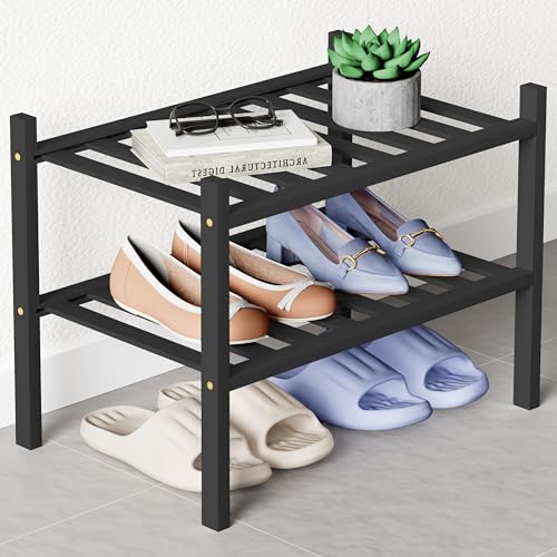 Smiry Bamboo Shoe Rack for Closet, 2 Tier Small Wooden Shoe Organizer, Stackable Wood Shoe Storage Shelf for Entryway, 14 Vertical Slats, One-piece Heavy-Duty Legs, 17.32"x11.02"x12.99", Black - color: Black, size: 2 Tier - Small