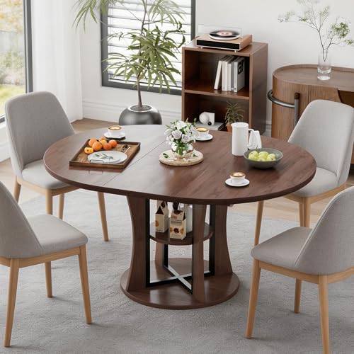 Extendable Round Dining Table for 4-6-8, 43.3-59in Expandable Kitchen Table with Storage Shelf, Space Saving Circle Oval Dining Table with Leaf for Kitchen, Dining Room, Walnut - color: Walnut
