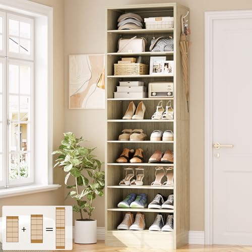 Aheaplus Tall Shoe Cabinet, 10 Tiers Narrow Wood Shoe Rack, Shoe Storage Organizer with Open Storage, Vertical Shoe Shelf Tower for 20-22 Pairs, Space Saving, for Closet, Entryway, Bedroom, 2White Oak - color: White Oak, size: 10 Tier (17.7"W)