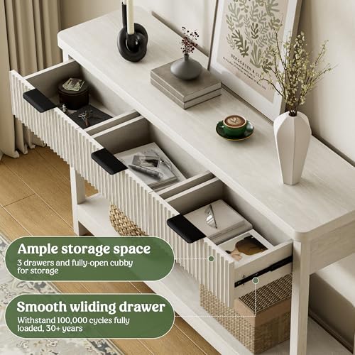 Fluted Console Table, 51 Inch Entryway Table with 3 Drawers | Scandi farmhouse look with quiet full-extension slides, open lower shelf, profile for hallway, entry, foyer or behind sofa. - color: Grey White