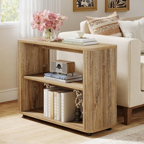 Tribesigns 3-Tier Narrow End Table, Fluted Nightstand, Bedside Table | Storage Shelves, Farmhouse Style, For Living Room, Bedroom, Small Spaces, Sofa Couch, Natural