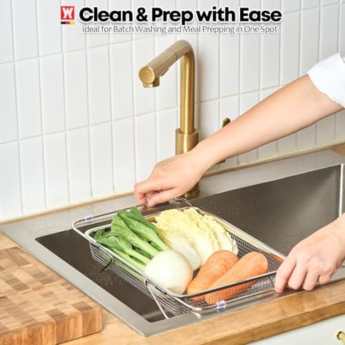 WAGENSTEIGER Extendable Dish Rack with Feet, Vegetable Colander Basket, Stainless Steel Dish or Silverware Drying Rack, Ultimate Kitchen Organizer Over the Sink (11.81 x 8.27 x 2.76 Inches) - size: 11.81 x 8.27 x 2.76 Inches