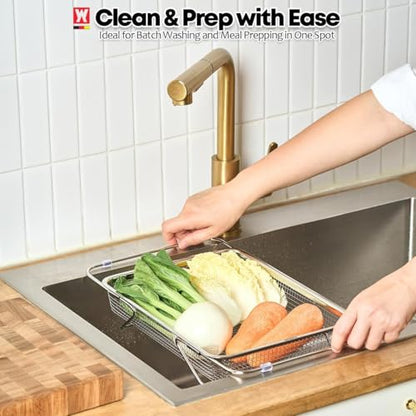 WAGENSTEIGER Extendable Dish Rack with Feet, Vegetable Colander Basket, Stainless Steel Dish or Silverware Drying Rack, Ultimate Kitchen Organizer Over the Sink (11.81 x 8.27 x 2.76 Inches) - size: 11.81 x 8.27 x 2.76 Inches