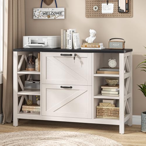 Halitaa 44" Lateral File Cabinet with Adjustable Shelves, Farmhouse 2 Drawer Filing Cabinet with Lock for Legal/A4/Letter, Wooden Printer Stand Office Furniture for Home Office, White and Black