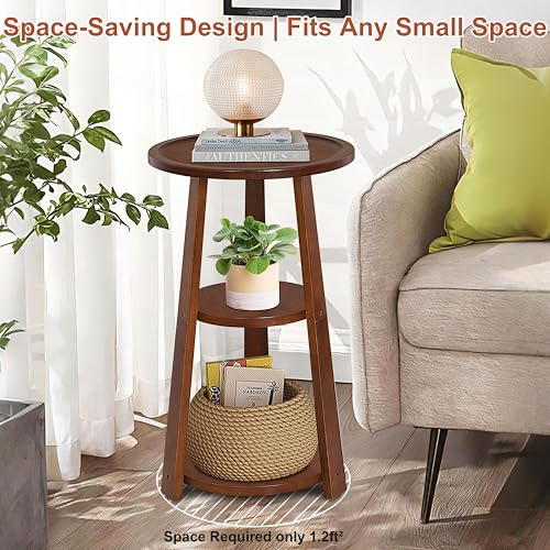 3-Tier Round Side Table, Solid Wood End Table & Nightstand for Small Spaces, Compact Accent Table for Living Room, Bedroom, Office (Red Brown Finish) - color: Red Brown