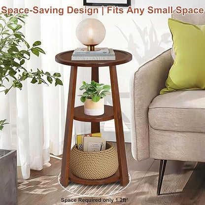 3-Tier Round Side Table, Solid Wood End Table & Nightstand for Small Spaces, Compact Accent Table for Living Room, Bedroom, Office (Red Brown Finish) - color: Red Brown