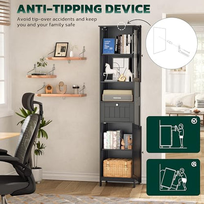 Greenvelly 67" Tall Bathroom Storage Cabinet, Narrow Freestanding Storage Unit with Magnetic Door, Drawer & Adjustable Shelves, Anti-Tip Floor Cabinet for Bathroom, Living Room, Black