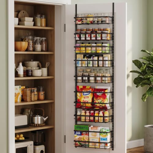 Apinol Over The Door Pantry Organizer, 8 Tier Adjustable Pantry Door Organization and Storage, Door Mounted Spice Organizer with Hooks for Pantry Kitchen Essentials, Black - color: Black, size: 8-Tier