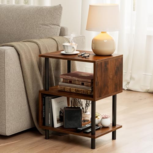 Frylr Small Side Table, End Table and Nightstand with 3-Tier Wood Shelves, Sturdy Metal Frame with 44 LBS Capacity per Shelf, Easy to Assemble for Living Room or Bedroom,Rustic Brown - color: Rustic Brown, size: 1-Pack