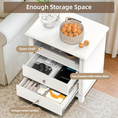 24" Wide Farmhouse Nightstand with Charging Station, Solid Wood End Table with 2 Large Drawers & Open Shelf, Bedside Table with USB Ports and Outlets, Side End Table for Bedroom - color: White