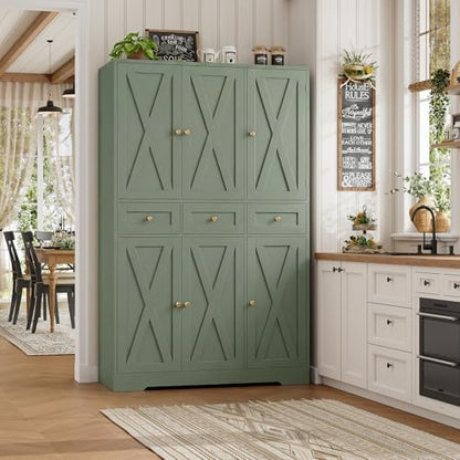 HOSTACK 67"H Farmhouse Kitchen Pantry Storage Cabinet with 3 Drawers, Green | Large Food Pantry Cabinet with Swing-Out Door Rack & Adjustable Shelf for Kitchen, Dining room, Living room - color: Green