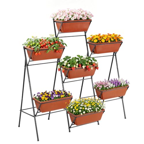 5-Tier Vertical Garden Planter with 7 Plant Boxes & Drainage Trays | Metal Freestanding Raised Bed for Herbs Flowers Vegetables, Indoor Outdoor for Patio Balcony Deck, Brick Red - color: Brick Red, size: 5-Tier