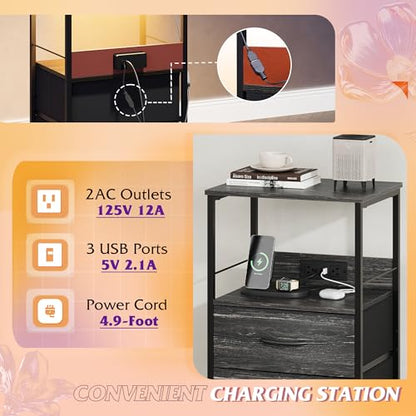 WLIVE Night Stand with Charger Station, LED Nightstand for Bedroom, Small Dresser with 2 Fabric Drawers for Small Spaces, Bed Side Table, Charcoal Black and Wood Grain Print - color: Charcoal Black